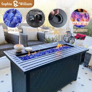 Sophia & William Patio Furniture Sets for 9 with 45" Gas Fire Pit Table Outdoor Conversation Sets, 2xSofa Chairs, 2xSwivel Cushion Chairs, 1x3-Seat Sofa, 2xOttomans for Porch Poolside Peacock Blue