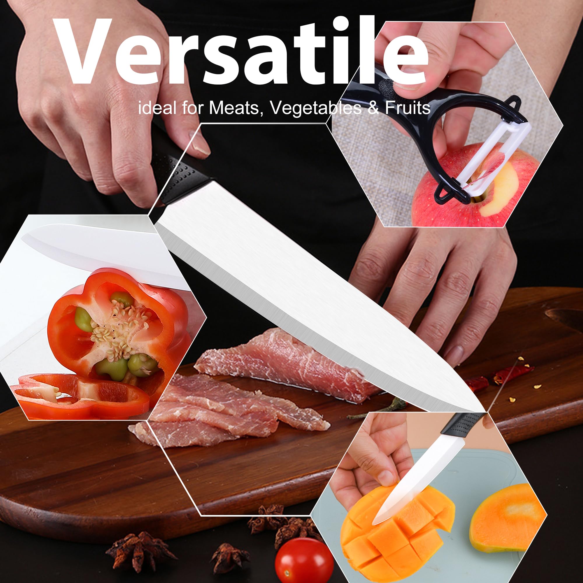 Ceramic Knife and Peeler Set - Ceramic Knives Set for Kitchen - Ceramic Peeler 3" Utility Knife 7" Chef Knife with Sheath Cover