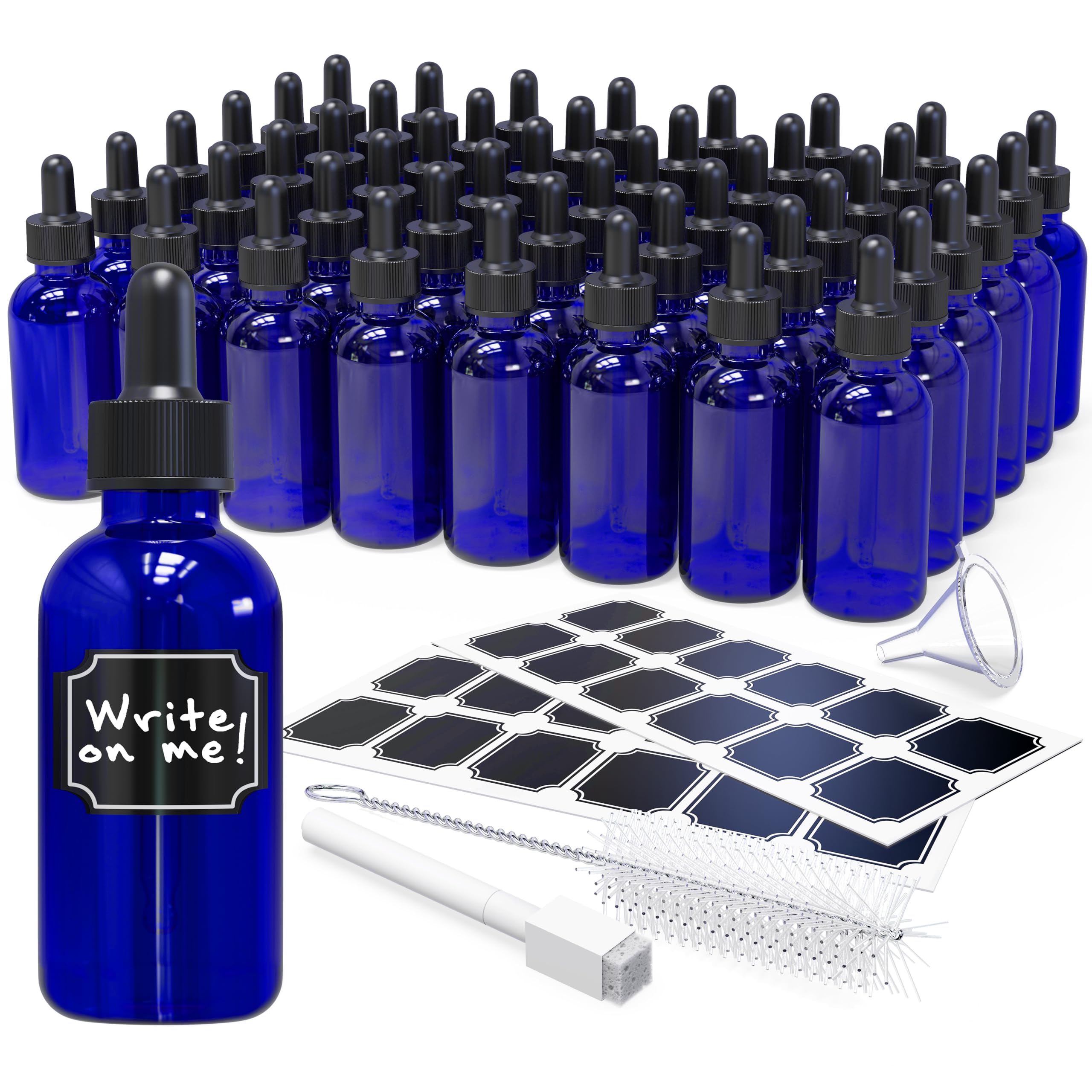 Nevlers 48 Pack Blue Glass Dropper Bottles 2 oz | Cobalt Tincture Bottles with Droppers for Oils | Includes Blue Glass Bottle with Dropper, Funnel, Brush, & Marker | Leakproof Mini Dropper Bottles