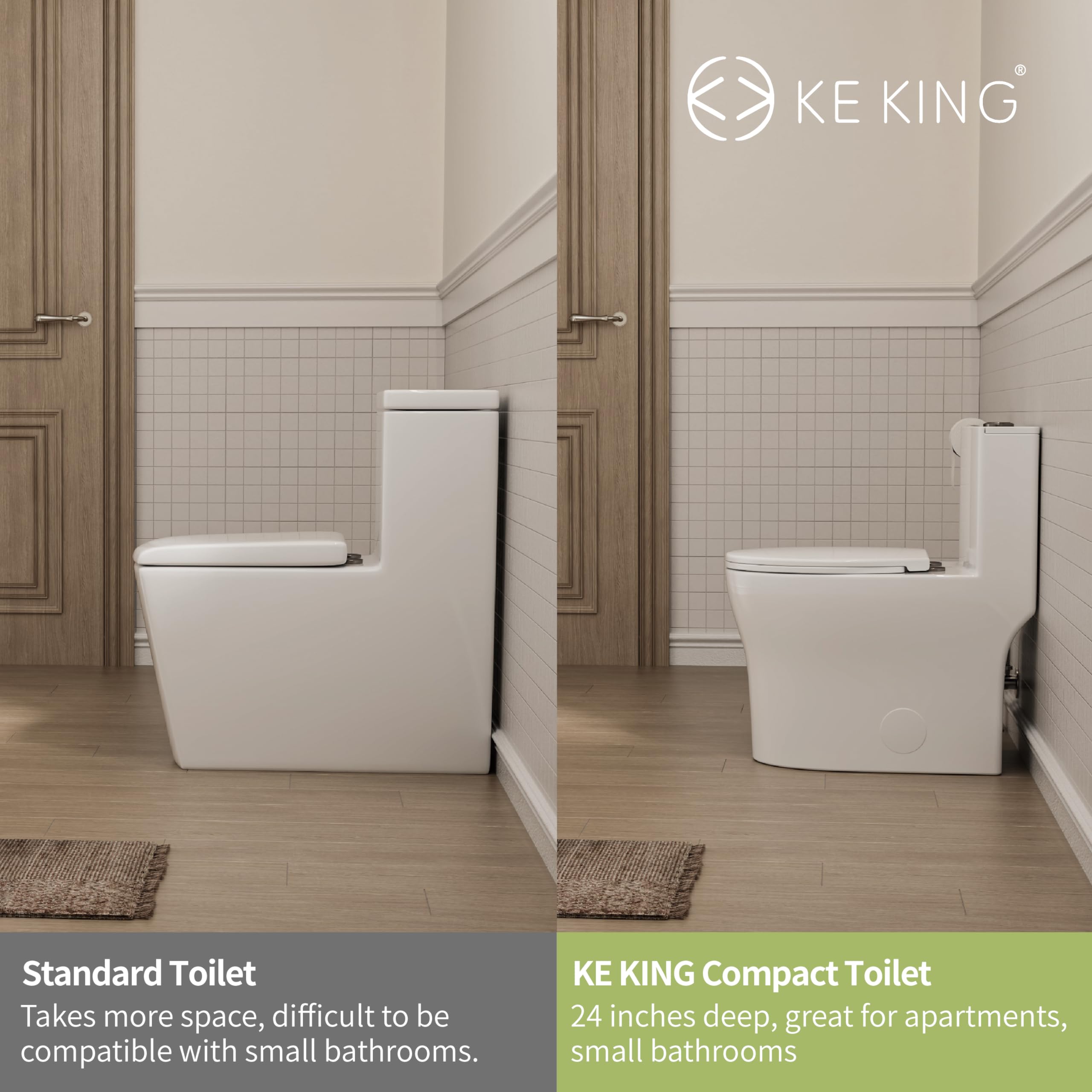 KE KING Compact One Piece Toilet, Quiet Dual & Powerful Flush Modern Toilet for Small Bathroom, Space Saving Toilet with Soft Close Toilet Seat, 12'' Rough-In Toilet