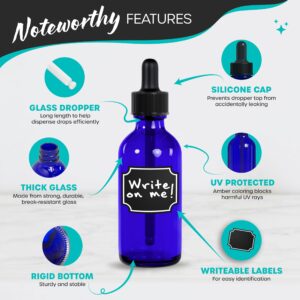 Nevlers 48 Pack Blue Glass Dropper Bottles 2 oz | Cobalt Tincture Bottles with Droppers for Oils | Includes Blue Glass Bottle with Dropper, Funnel, Brush, & Marker | Leakproof Mini Dropper Bottles