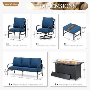 Sophia & William Patio Furniture Sets for 9 with 45" Gas Fire Pit Table Outdoor Conversation Sets, 2xSofa Chairs, 2xSwivel Cushion Chairs, 1x3-Seat Sofa, 2xOttomans for Porch Poolside Peacock Blue