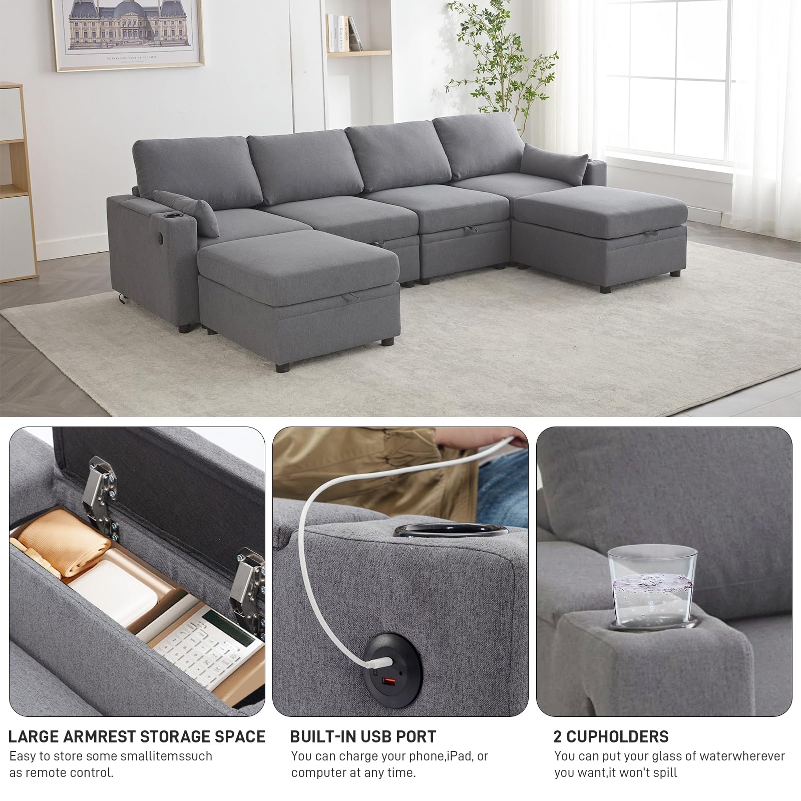 WOTSTA Modular Sectional Sofa Couch with Large Storage, Convertible U Shaped Sofa with USB Ports & Cup Holders, Deep Seat Couch with Wide Chaise, 6 Seat Sectional Couches for Living Room (Grey)