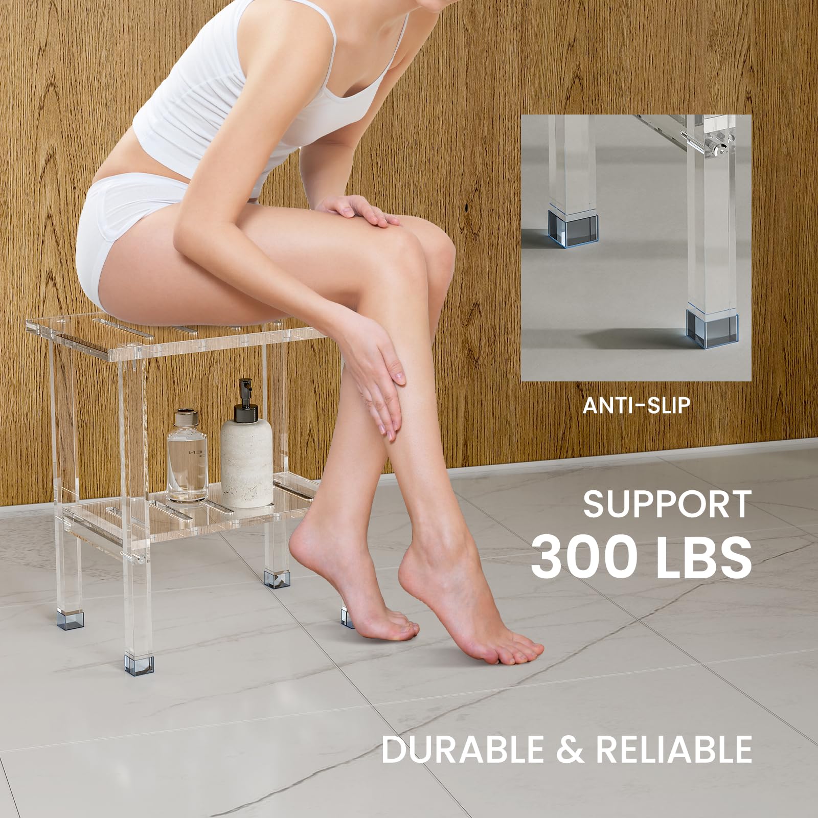 GOIOOIA Acrylic Shower Bench for Inside Shower 10.04" D X 15.55" W X 16.14" H, Heavy Duty (Hold Up to 300lbs) Bathroom Shower Stool with Storage Shelf, for Shaving Legs & Spa, Waterproof Non-Slip