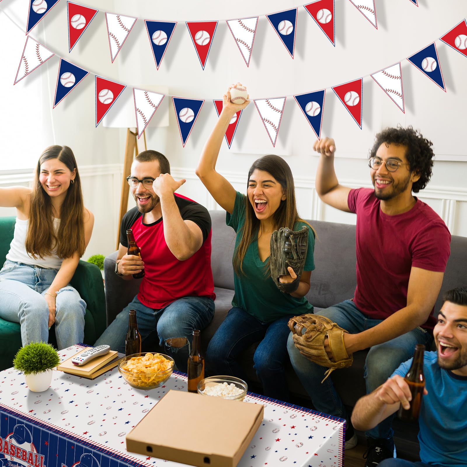 4 Pcs Baseball Party Decorations kit with 3pcs Baseball Theme Tablecloth and 1pc Baseball Banner, Baseball Party Supplies for Kid and Baseball Fans Sports Theme, Birthday Decor