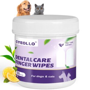 cyeollo dog dental wipes for teeth cleaning pet finger wipes reducing plaque & tartar, breath freshener disposable gentle cleaning & gum care pet wipes for dogs cats no-rinse toothbrush, 50 counts