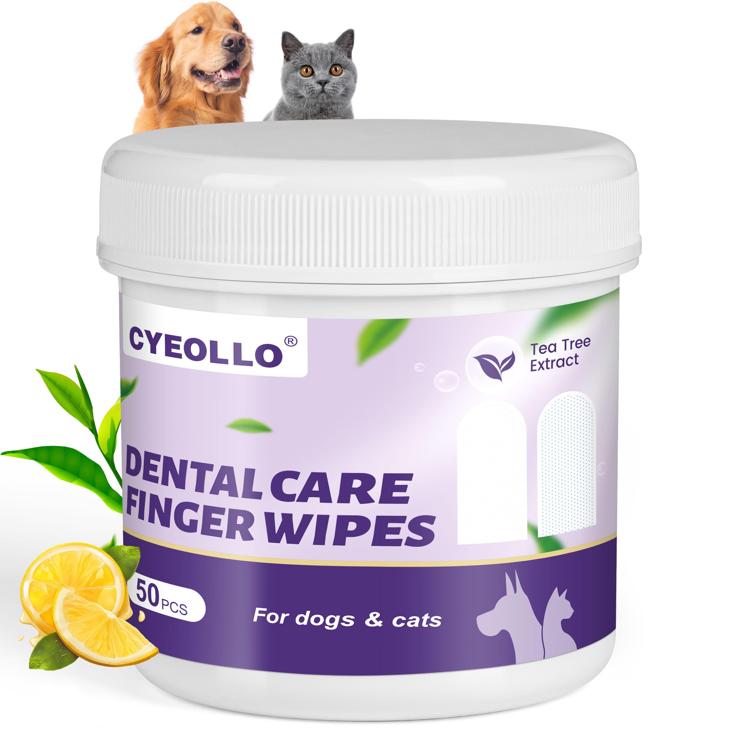 cyeollo Dog Dental Wipes for Teeth Cleaning Pet Finger Wipes Reducing Plaque & Tartar, Breath Freshener Disposable Gentle Cleaning & Gum Care Pet Wipes for Dogs Cats No-Rinse Toothbrush, 50 Counts