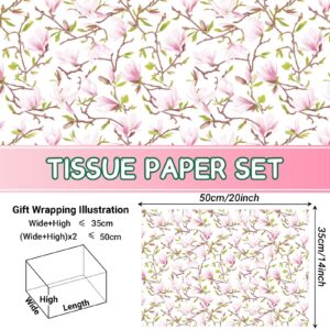 100 Sheets Pink Magnolia Flowers Printed Tissue Paper Floral Pattern and Leaves Art Decorative Tissue for Gift Wrapping Supplies