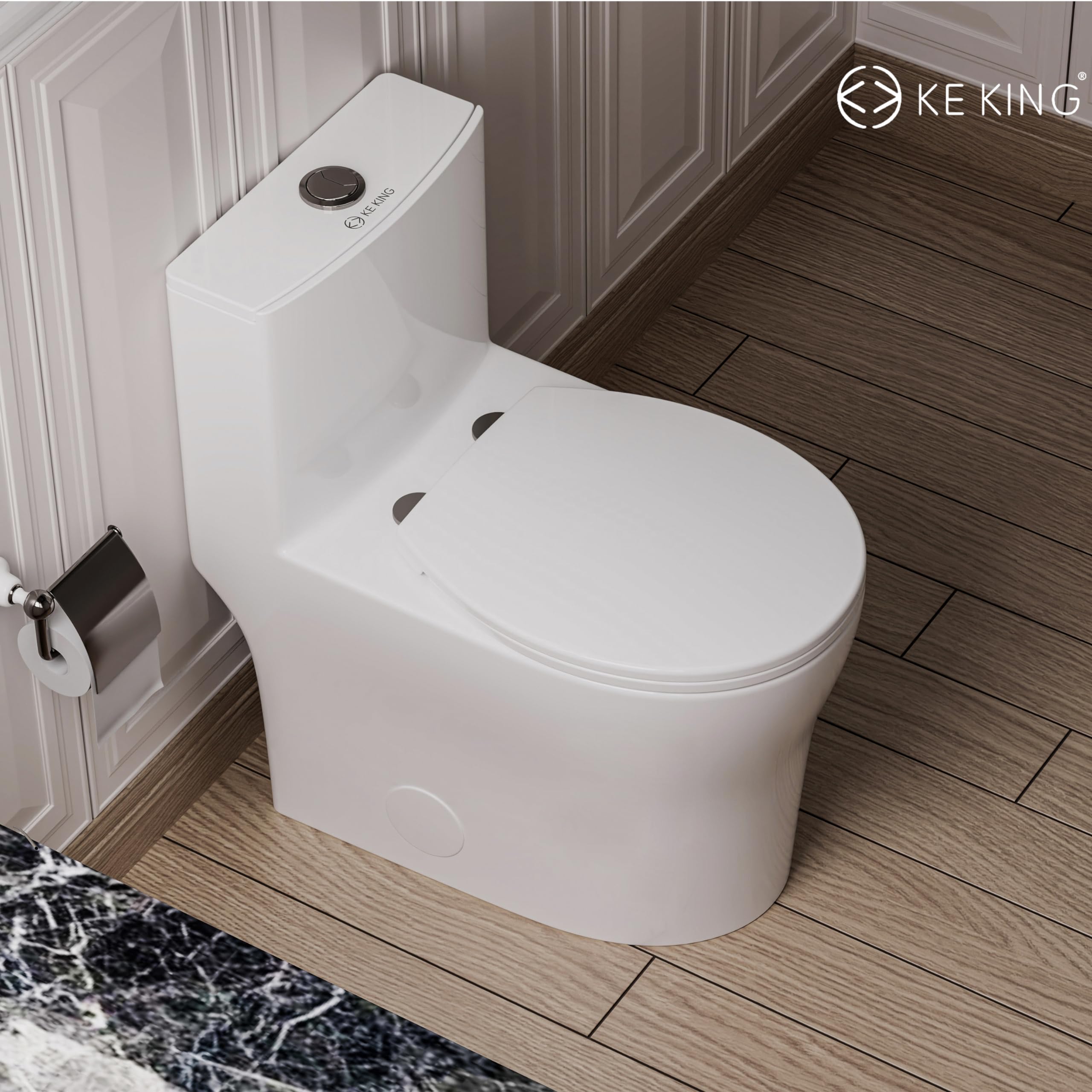 KE KING Compact One Piece Toilet, Quiet Dual & Powerful Flush Modern Toilet for Small Bathroom, Space Saving Toilet with Soft Close Toilet Seat, 12'' Rough-In Toilet