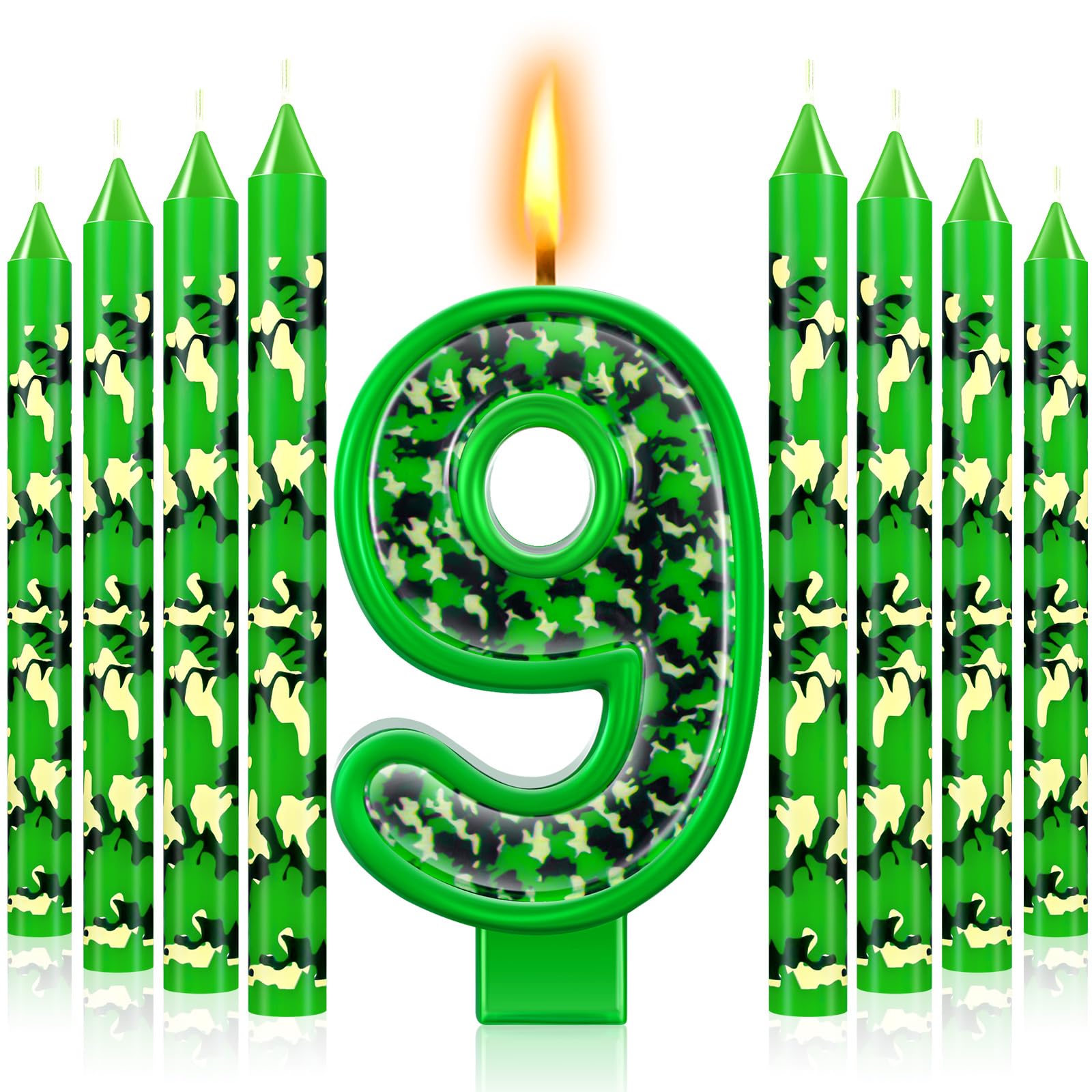 Zomiboo 13 Pcs Camo Birthday Candles Army Theme Candles for Cake Green Number Candle Camouflage Cake Candles for Birthday Graduation Celebration Wedding Party Supplies Decoration (Number 9)