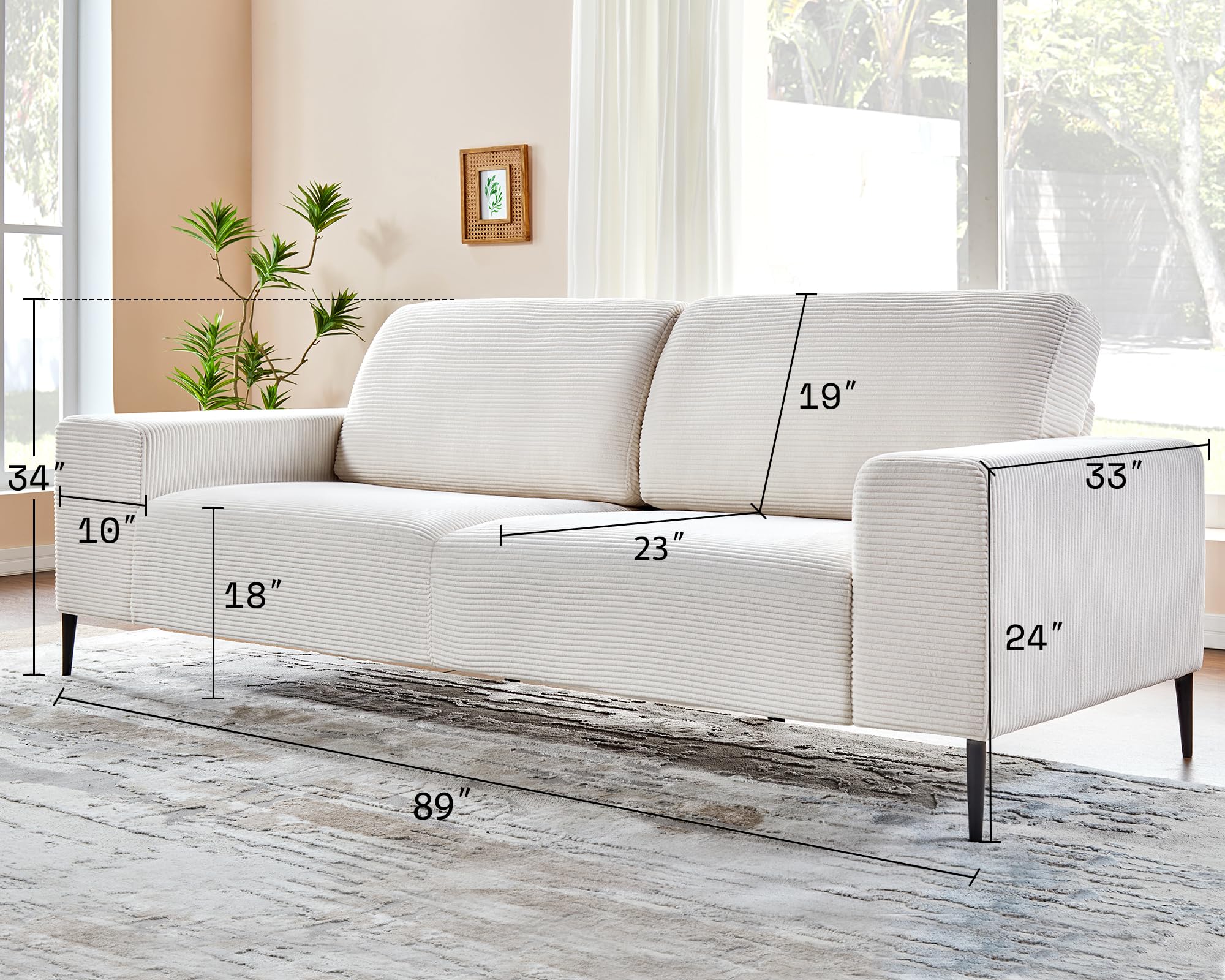 AMERLIFE 89 inch Sofa, Oversized Sofa-Modern Sofa Couch in Corduroy, 3 Seater Sofa for Living Room, White Deep Seat Sofa