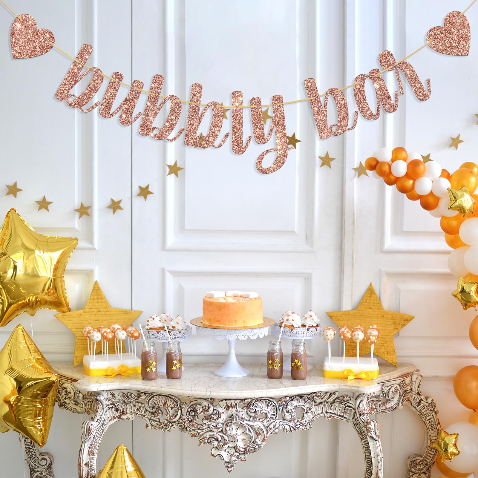 Bubbly Bar Banner, Birthday Wedding Engagement Bridal Shower Bachelorette Champagne Drinks Party Bunting Decorations Supplies Rose Gold Glitter