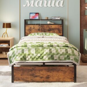 LIKIMIO Twin Bed Frames with Drawer, Storage Headboard with Outlets, No Box Spring Needed, Easy Assembly, Vintage Brown