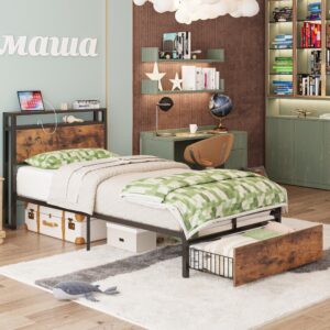 LIKIMIO Twin Bed Frames with Drawer, Storage Headboard with Outlets, No Box Spring Needed, Easy Assembly, Vintage Brown