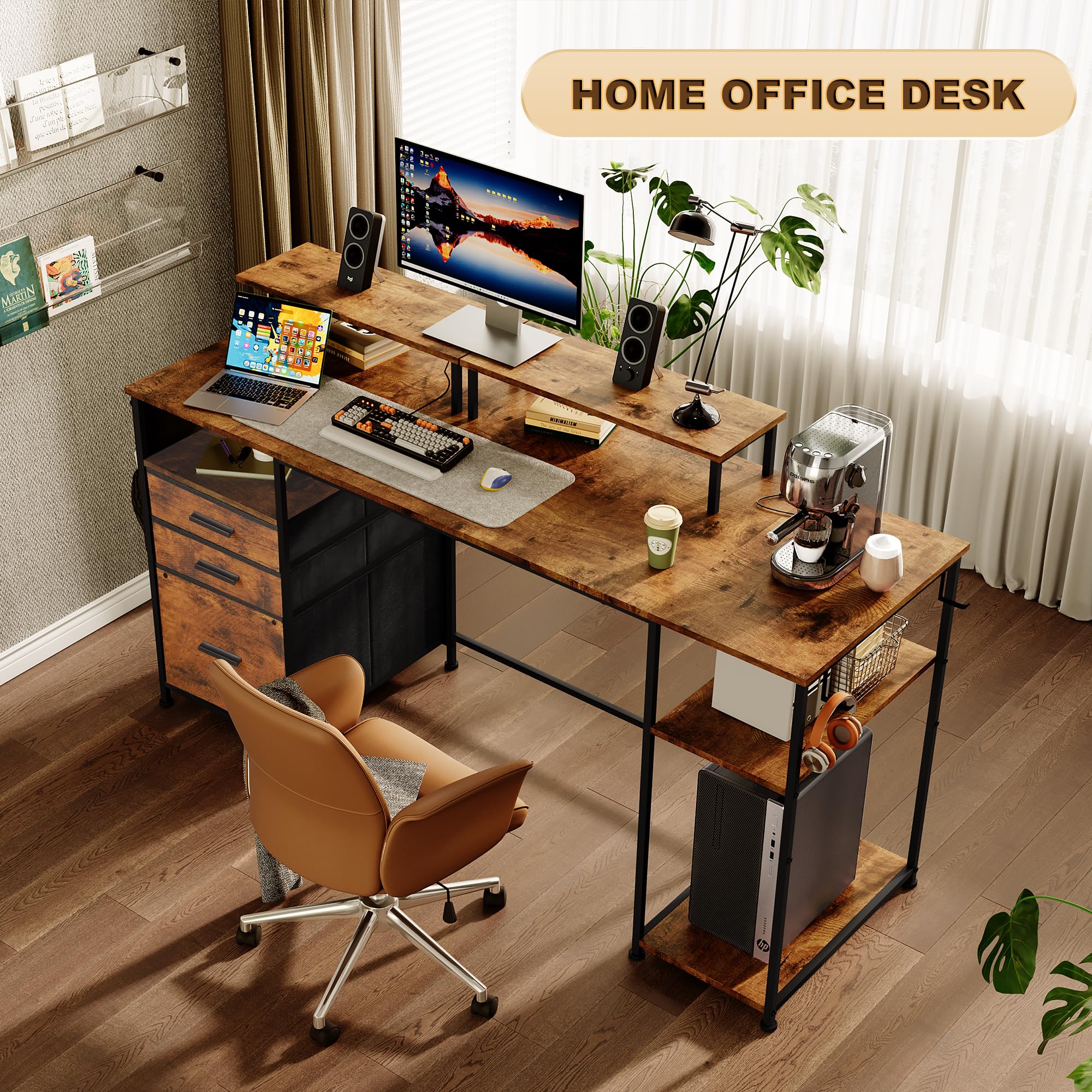 EKNKOZY Computer Desk with 3 File Cabinet Drawers, 57.8'' Reversible Gaming Desk, Office Desk with Storage Shelves and Dual Monitor Stand for Home & Office (Rustic Brown)