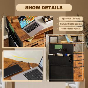 EKNKOZY Computer Desk with 3 File Cabinet Drawers, 57.8'' Reversible Gaming Desk, Office Desk with Storage Shelves and Dual Monitor Stand for Home & Office (Rustic Brown)