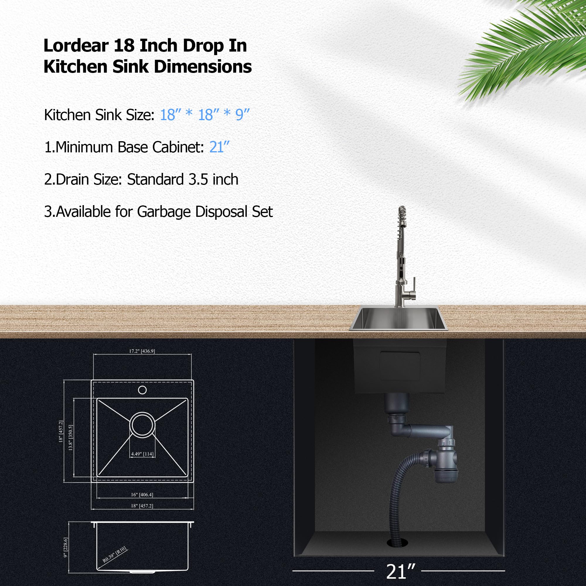 Lordear 18 Drop in Kitchen Sink Topmount Bar Sink 16 Gauge Single Bowl Stainless Steel 18 x18 x9 Inch Bar Sink Kitchen Sinks Outdoor Sink