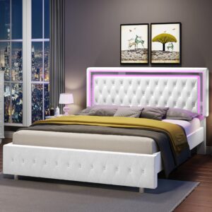 jocisland full bed frame with led lights headboard&footboard, velvet upholstered full size platform bed frame no box spring needed/white