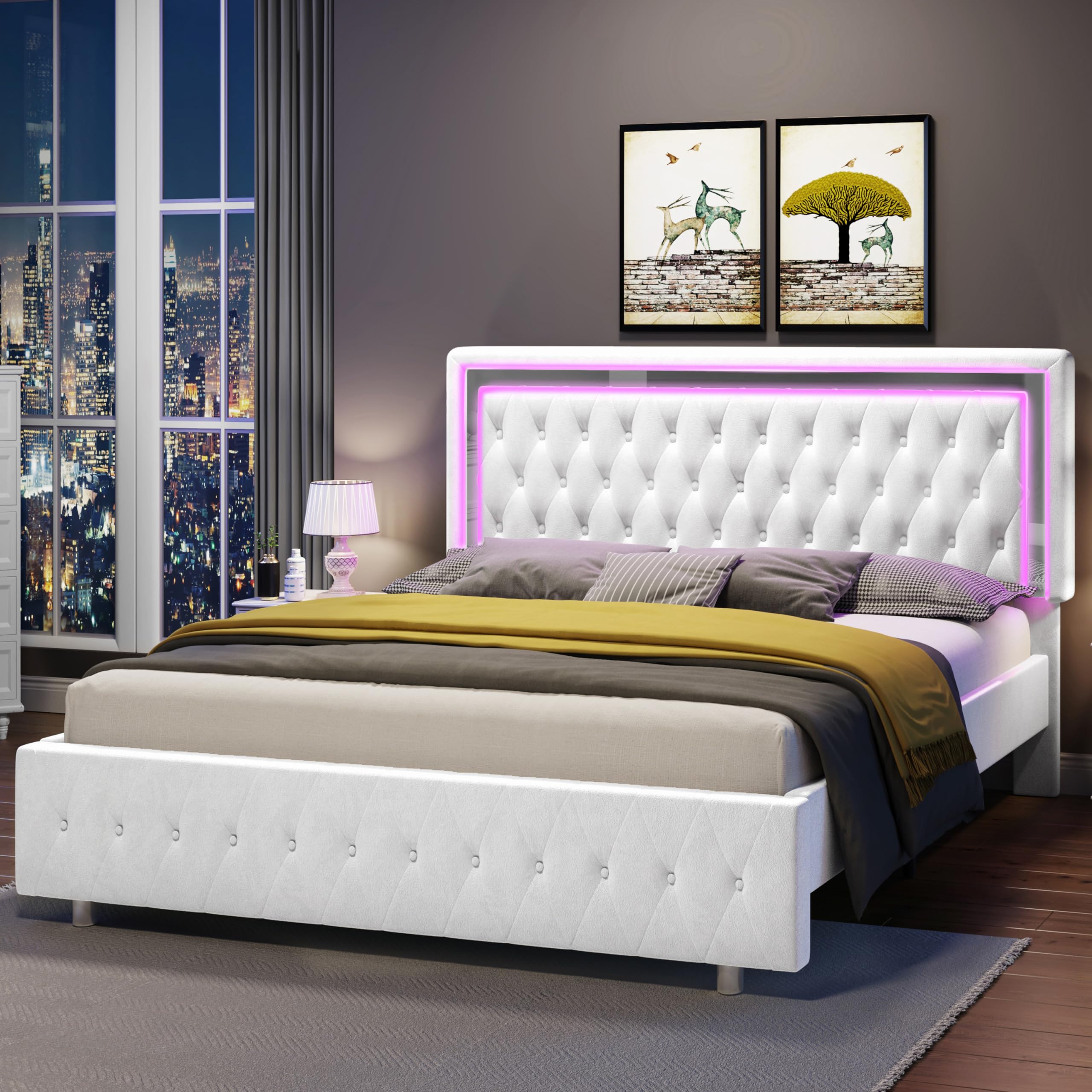 Jocisland Full Bed Frame with LED Lights Headboard&Footboard, Velvet Upholstered Full Size Platform Bed Frame No Box Spring Needed/White