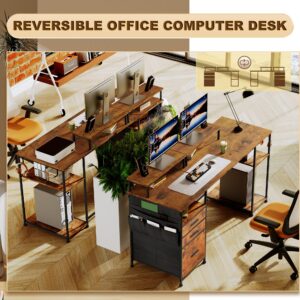 EKNKOZY Computer Desk with 3 File Cabinet Drawers, 57.8'' Reversible Gaming Desk, Office Desk with Storage Shelves and Dual Monitor Stand for Home & Office (Rustic Brown)