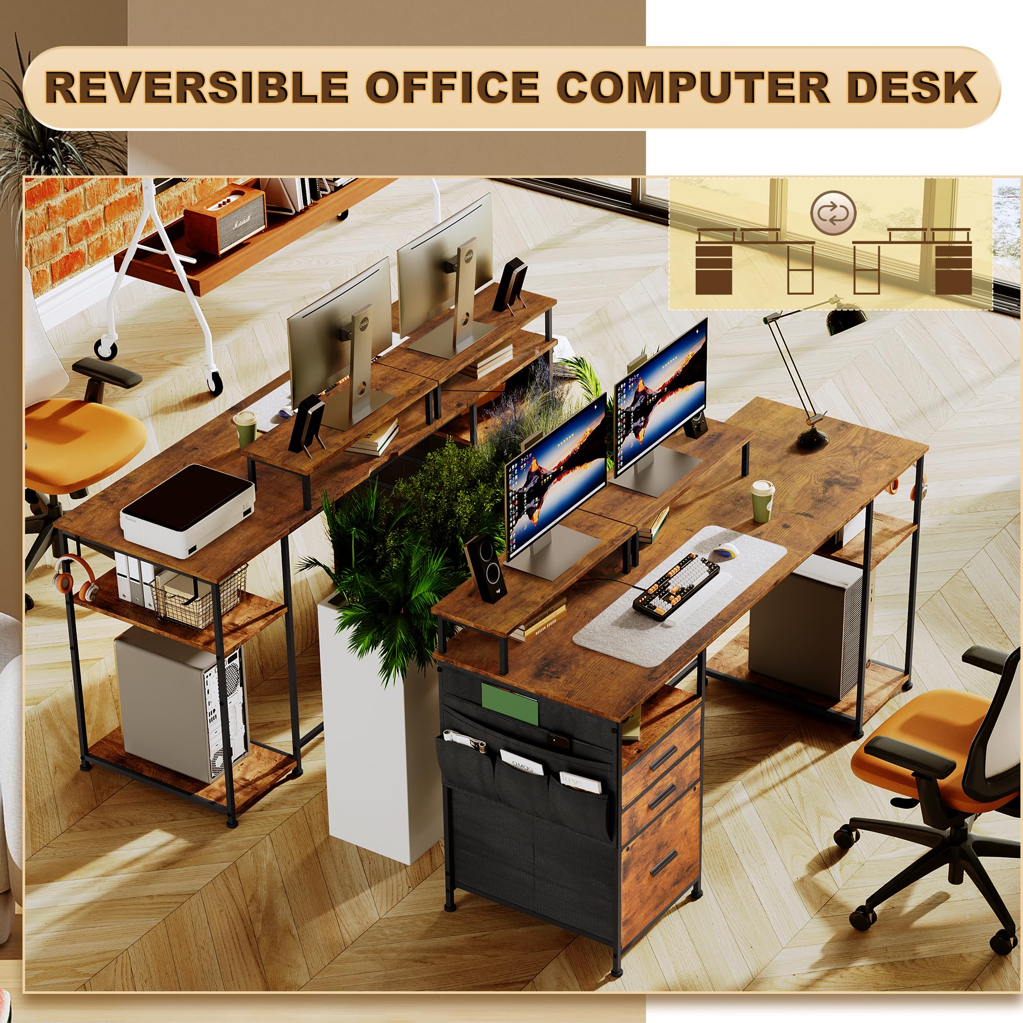 EKNKOZY Computer Desk with 3 File Cabinet Drawers, 57.8'' Reversible Gaming Desk, Office Desk with Storage Shelves and Dual Monitor Stand for Home & Office (Rustic Brown)