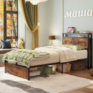 likimio twin bed frames with drawer, storage headboard with outlets, no box spring needed, easy assembly, vintage brown