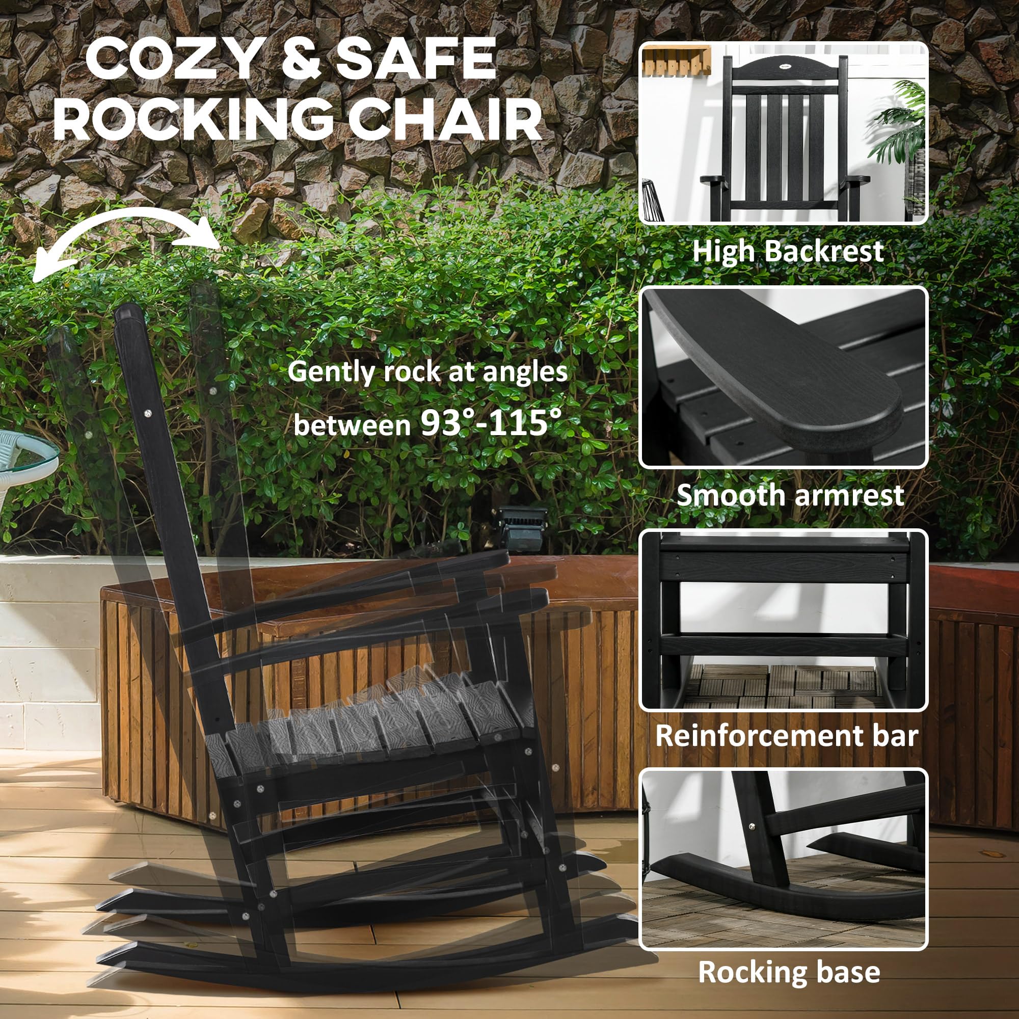 Outsunny 2 Pieces Outdoor Rocking Chair, All Weather-Resistant HDPE Rocking Patio Chairs with Rustic High Back, Armrests, Oversized Seat and Slatted Backrest, 350lbs Weight Capacity, Black