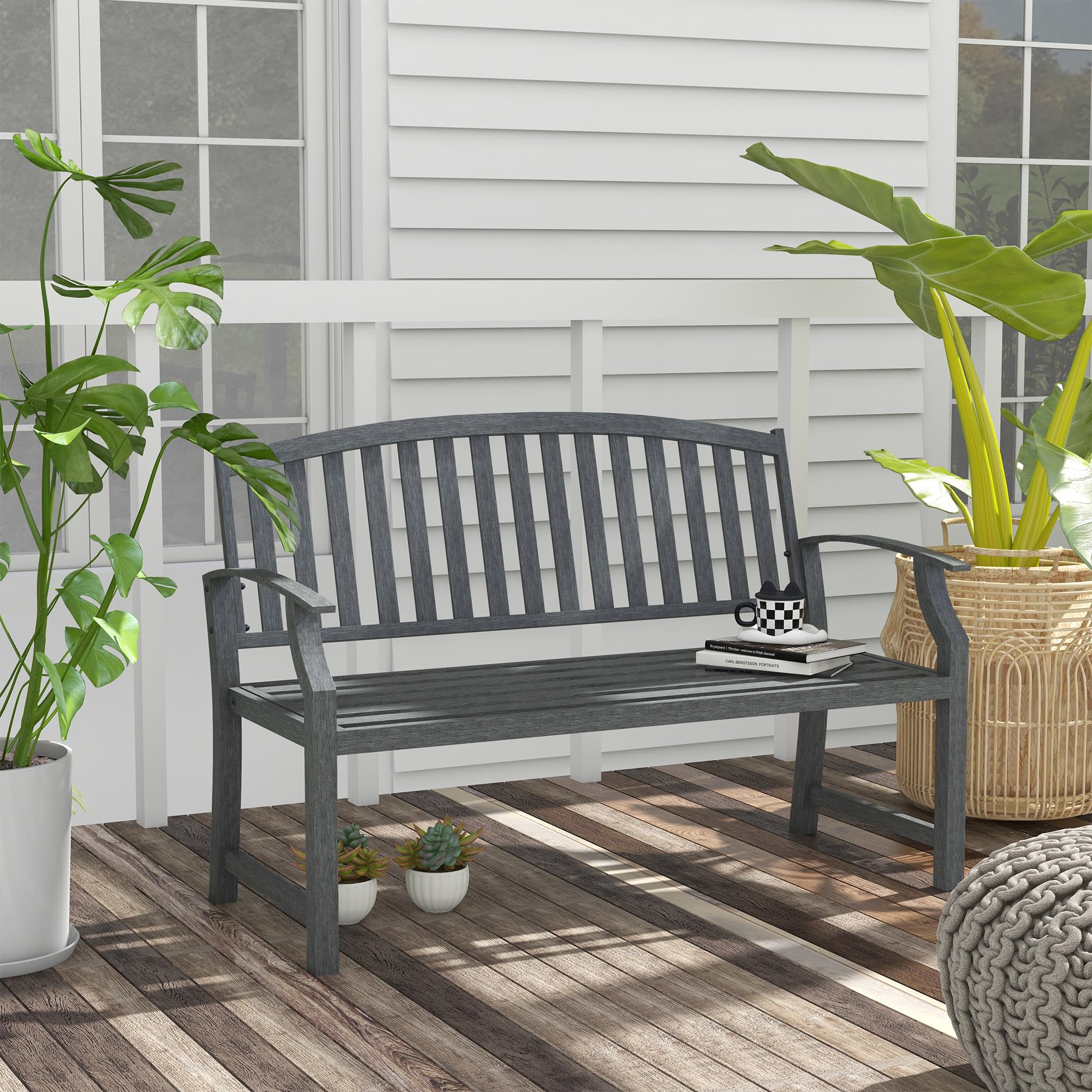 Outsunny 46" Outdoor Garden Bench, Metal Bench, Wood Look Slatted Frame Furniture for Patio, Park, Porch, Lawn, Yard, Deck, Gray