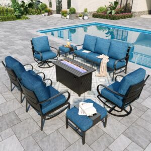 sophia & william patio furniture sets for 9 with 45" gas fire pit table outdoor conversation sets, 2xsofa chairs, 2xswivel cushion chairs, 1x3-seat sofa, 2xottomans for porch poolside peacock blue