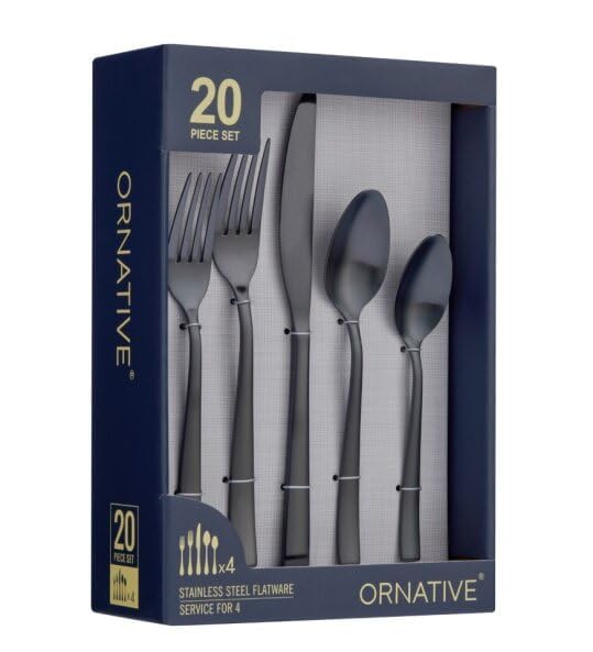 ORNATIVE - Iola Flatware Set with Service for 4, Set Includes Knives, Forks & Spoons for Home, Kitchen & Restaurant, 18/0 Stainless Steel Material & Dishwasher Safe - 20 Pieces, Matte Black