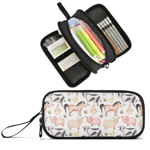 Pencil Case Big Capacity for Girl Boy Cute Pig Cow Rooster White Student Pencil bag Farm Animals Pen Pouch Large Stationery 3 Compartments Zippers Organizer School College Office Teens Adults