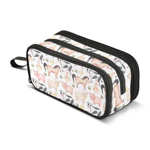 Pencil Case Big Capacity for Girl Boy Cute Pig Cow Rooster White Student Pencil bag Farm Animals Pen Pouch Large Stationery 3 Compartments Zippers Organizer School College Office Teens Adults