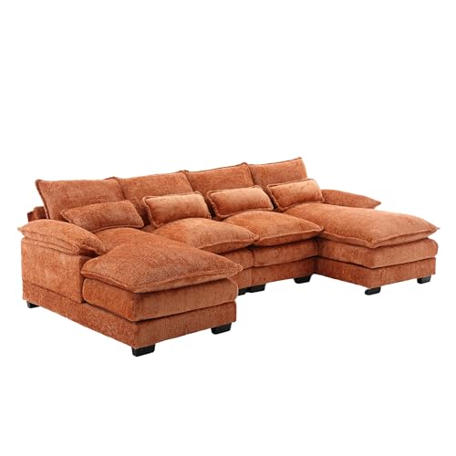 Eafurn Free Combination U Shaped Sectional Chaise Lounge,Velvet Upholstery Symmetrical Modular Solid Wood Legs,Convertible Sleeper Sofa & Couch Living Room Furniture Sets, Orange 110.63"