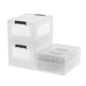 Rinboat 32 Quart Plastic Collapsible Storage Crates Boxes with Lids, Clear Plastic Storage Bins, 4 Packs