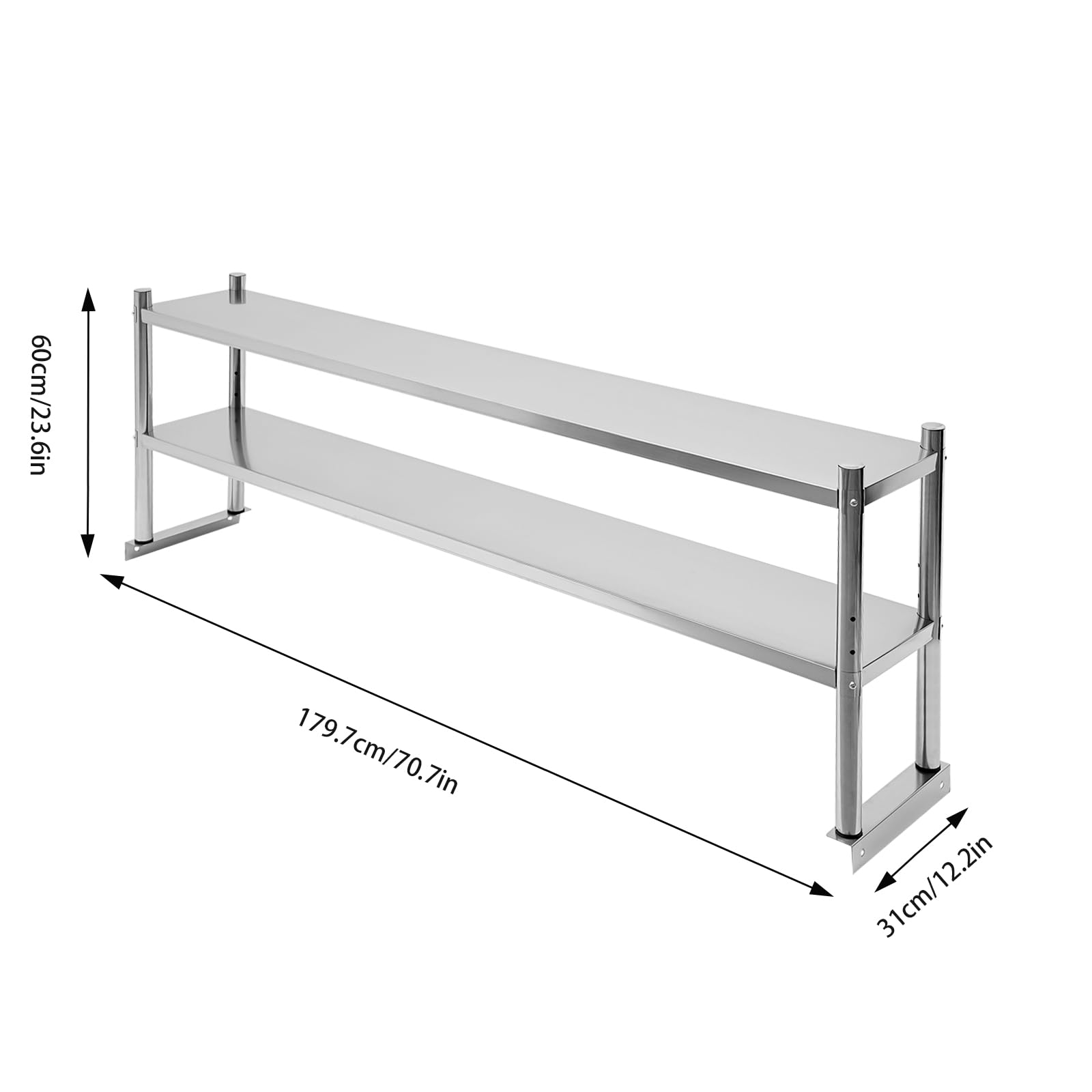 HuaShuani Double Tier Stainless Steel Overshelf, 12 * 71in Commercial 2 Tier Shelving for Kitchen Prep & Work Table, Height Adjustable Storage Rack for Restaurant Warehouse Bar