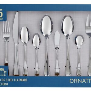 ORNATIVE - Noa Flatware Set with Service for 8, Silverware Set Includes Knives, Forks & Spoons for Home, Kitchen & Restaurant, 18/0 Stainless Steel & Dishwasher Safe - 45 Pieces, Mirror