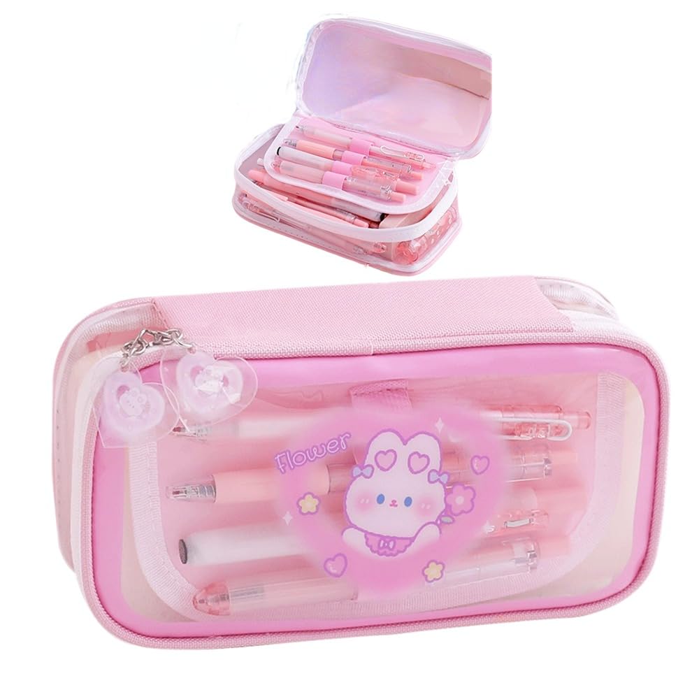 Cute Pencil Case Multilayer Large Capacity Pen Bag Rabbit Kawaii Pen Case Pencil Pouch Gift (Pink)