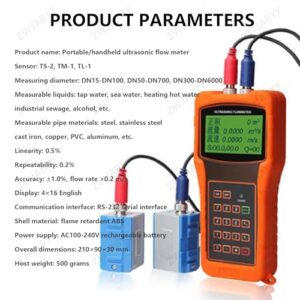 ZWJABYY Ultrasonic Flow Meter TUF-2000H Liquid Water Flow Control Meter Flowmeter Counter LCD Display,with TS-2/TM-1/TL-1 Clamp-on Transducers DN15-DN6000mm,DN50-DN700