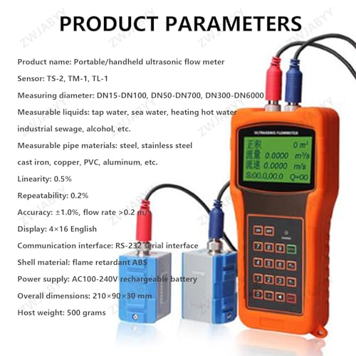 ZWJABYY Ultrasonic Flow Meter TUF-2000H Liquid Water Flow Control Meter Flowmeter Counter LCD Display,with TS-2/TM-1/TL-1 Clamp-on Transducers DN15-DN6000mm,DN50-DN700