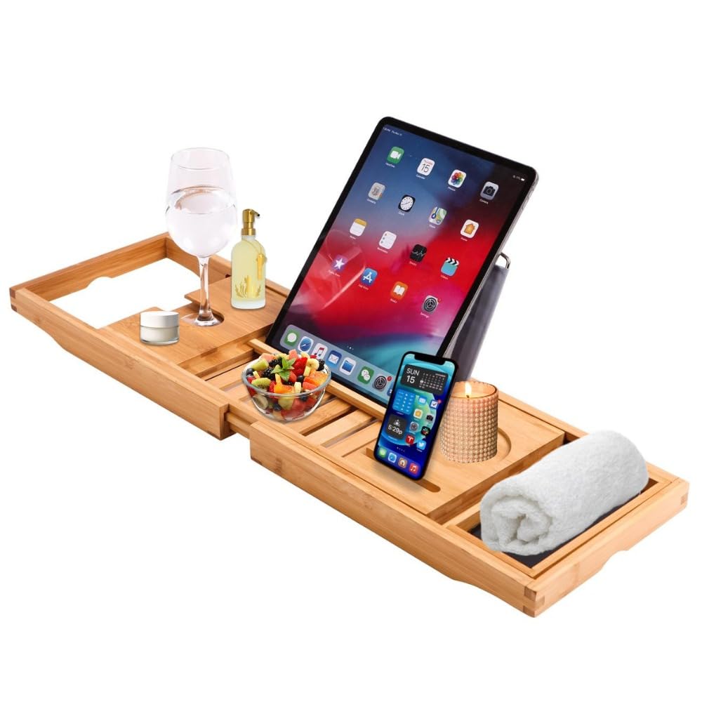 ZEZEN Bamboo Bath Caddy Tray | 100% Natural Bamboo Wooden Bathtub Tray with Book & Tablet Stand | Luxury Wine Glass Candle Holder | Natural Wood | Extendable Organiser for Bathroom Jacuzzi