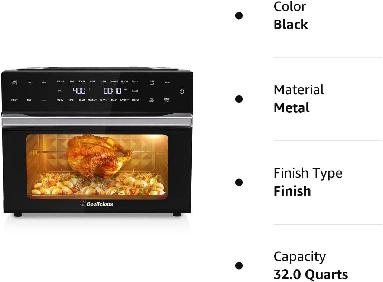 Beelicious Pro 32QT Extra Large Air Fryer, 19-In-1 Air Fryer Toaster Oven Combo with Rotisserie and Dehydrator, Digital Convection Oven Countertop Airfryer Fit 13" Pizza, 1800w, Black