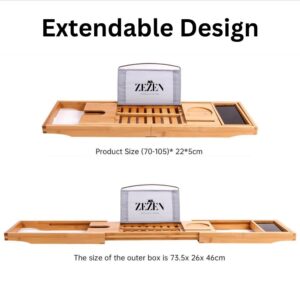 ZEZEN Bamboo Bath Caddy Tray | 100% Natural Bamboo Wooden Bathtub Tray with Book & Tablet Stand | Luxury Wine Glass Candle Holder | Natural Wood | Extendable Organiser for Bathroom Jacuzzi