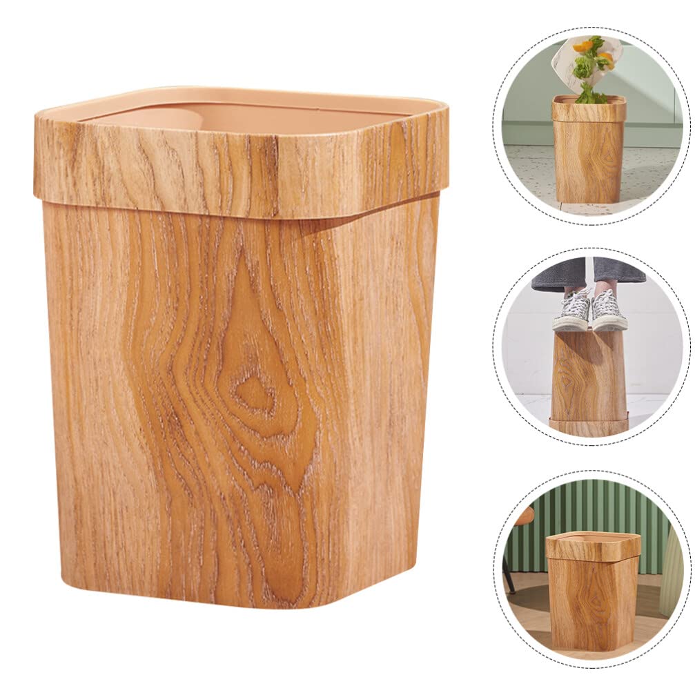 Ciieeo Imitation Wood Grain Trash Can Retro Square Wastebasket Decorative Storage Bins Small Plastic Trash Can Bathroom Garbage Can Flower Holder Bucket for Home Kitchen 12L