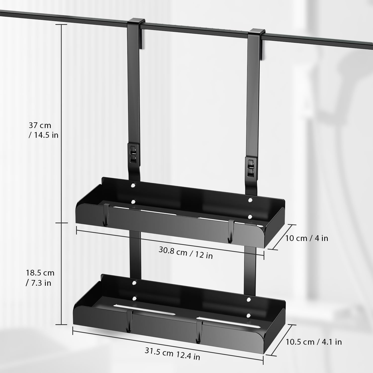 pickpiff Hanging Shower Caddy Shower Rack Over the Doors for Bathroom Shower Organizer Hanging No-Drilling Shower Shelf With 4 Hooks Black 21.8'' x 12.4''