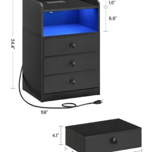 CHOEZON Nightstand with Charging Station and LED Light, Side Table with 3 Fabric Drawers Chest, End Table with USB Ports and Outlet, Bedside Table for Living Room, Bedroom, Black MBZ04UDBB