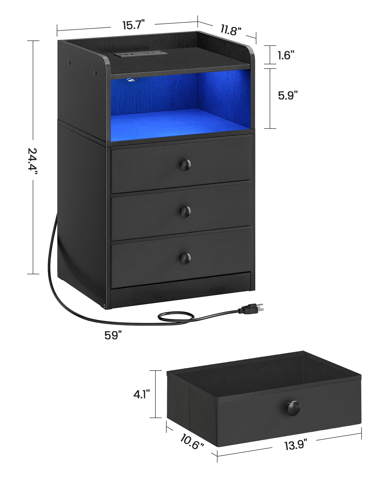 CHOEZON Nightstand with Charging Station and LED Light, Side Table with 3 Fabric Drawers Chest, End Table with USB Ports and Outlet, Bedside Table for Living Room, Bedroom, Black MBZ04UDBB