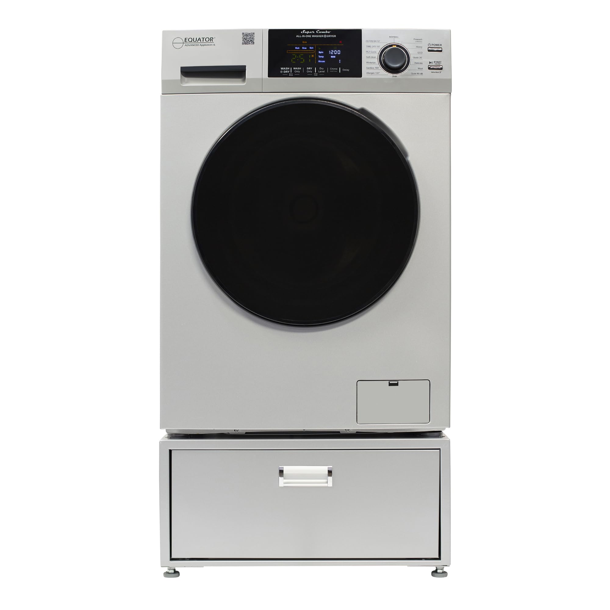 Equator Combo Washer Dryer VENTED-DRY 30% Faster than Condense 110V 15lb 1400RPM + Pedestal ADA (Silver)