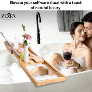 ZEZEN Bamboo Bath Caddy Tray | 100% Natural Bamboo Wooden Bathtub Tray with Book & Tablet Stand | Luxury Wine Glass Candle Holder | Natural Wood | Extendable Organiser for Bathroom Jacuzzi