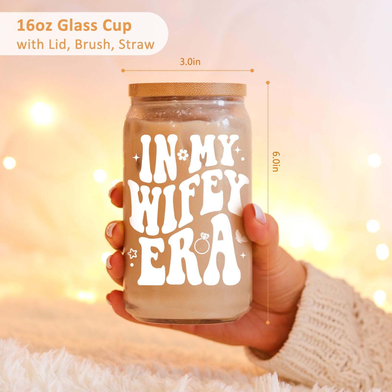 Fairy's Gift Wifey Cup, Engagement Gifts for Her, Bride Gifts, 16 oz Coffee Glass Cups with Lids Straws - in My Wifey Era - Wedding, Bridal Shower, Bachelorette Gifts for Bride, Bride to be Gifts