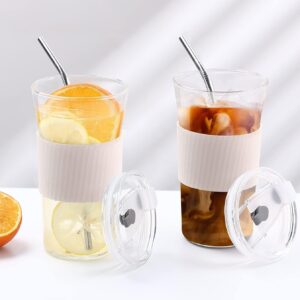 2 pcs Iced Coffee Cups with Lids, 16 oz Glass Cups with Lids and Straws, Reusable Tumbler with Silicone Sleeve, Wide Mouth Can Shaped Drinking Glasses for Coffee Juice Water Smoothie (White)